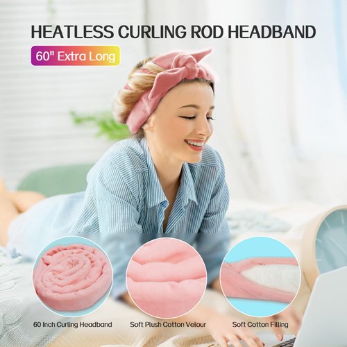 Heatless Hair Curler For Long Hair Curls - 61" Extra Long Heatless Curling Rod Headband, Velour No Heat Curling Ribbon Kit You Can Sleep In Soft Cotton Curling Ribbon Overnight For Women(Pink)