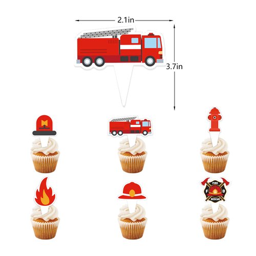 12 Pcs Fire Truck Cupcake Toppers, Firetruck Theme Birthday Baby Shower Party Decorations, Fireman Birthday Decors, Fire Engine Rescue Theme Party for Kids