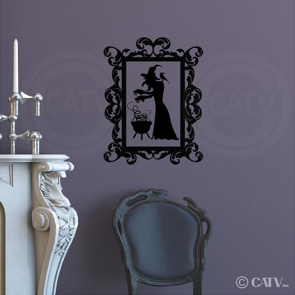 Halloween Vinyl Decal Frame #11 Witch Stirring Cauldron Pot Portrait Vinyl Lettering Decal Home Decor Wall Art Sticker (Medium 16.5x22)