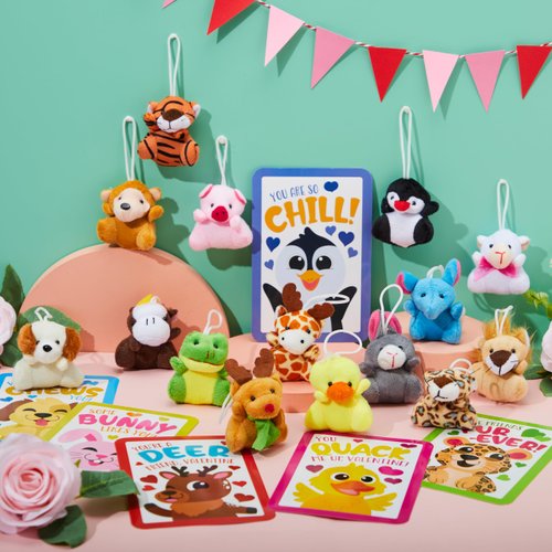 JOYIN 30 Packs Valentine's Day Gifts Cards with Animal Plush Toy for Kids, Valentine's Plush Keychain Toy for Classroom Exchange Cards and Party Favor, Valentine Greeting Cards, Game Prizes