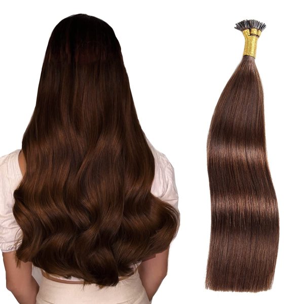 I Tip Human Hair Extensions,100 Strands/Pack Pre Bonded Keratin Stick In Hair Extensions #4 Medium Brown 1g/Strand 100G 18inch Human Hair Fusion I Tip Extensions