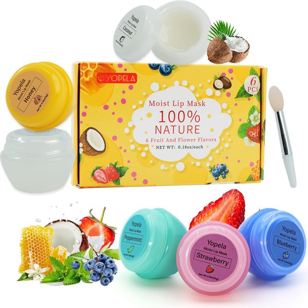 YOPELA 6 Pack Cute Lip Mask Sleeping Overnight for Dry Lips with Coconut Oil and Beeswax -Smoothing Hydrating Softening Plumoing Moisturizing with Small Lip Brush 6 Flavors 0.18 oz