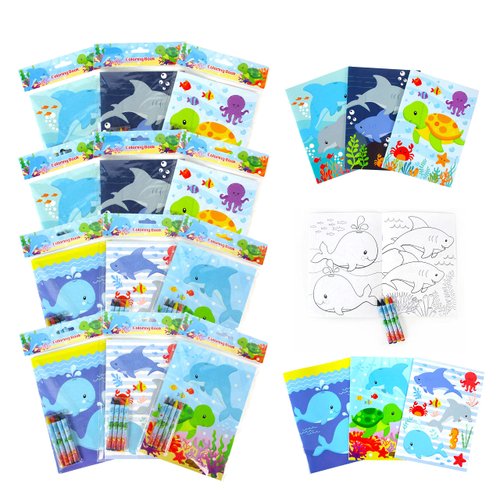 TINYMILLS Sea Turtles Animals Coloring Book Set with 12 Coloring Books and 48 Crayons Ocean Animals Birthday Party Supplies Favor Bag Filler Carnival Prizes Rewards