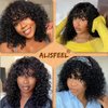 ALISFEEL Water Wave Bob Wigs with Bangs Human Hair for Black Women Glueless Brazilian Short Curly Bob Wig Unprocessed Non Lace Front Wigs with Bangs 150% Density Natural Black (10 Inch)