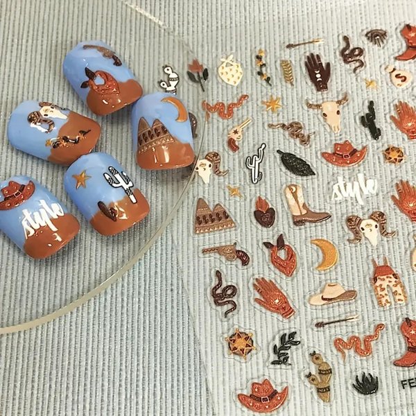 Cute Nail Art Stickers Exotic Nail Decals 5D Adhesive Nail Supplies Snake Cowboy Clothing Cow Money Bag Bohemian Style Design Cowboy Desert Cactus Nail Stickers for Women Girls Nail Art Decoration
