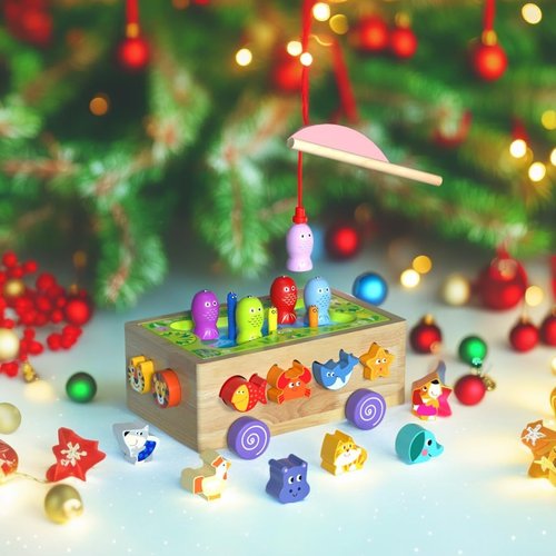 Wooden Montessori Toys for 1-3 Year Old，Animal Cognitive Games, Fishing Games Preschool Learning Educational Toys, Baby's Birthday Gifts, Magnetic Fishing Game for Toddlers 1-3