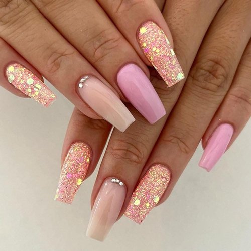 DOCVOEOMH Glitter Press on Nails Medium Long Coffin Nude Ombre Fake Nails with Rhinestones Design Full Cover Acrylic False Glue Stick on Nail Artificial Gel Nails for Women Wedding Manicure 24Pcs