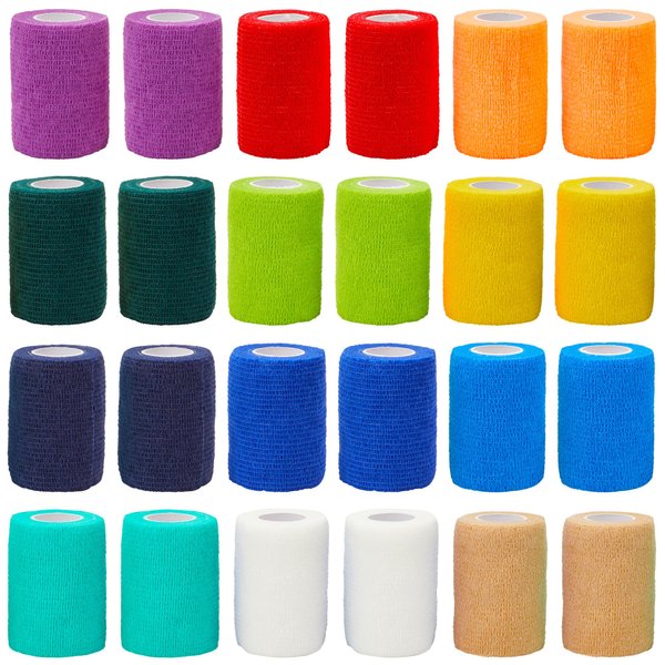 Juvale 24 Rolls Self Adhesive Bandage Wrap 3 Inch x 5 Yards - Stretch Cohesive Medical Tape for Vet, First Aid, Tattoo (12 Colors)