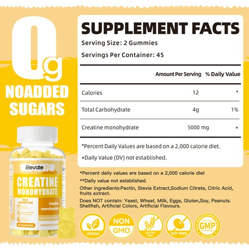 ElevateLife Creatine Monohydrate Gummies 5000mg for Men & Women, Chewables Creatine Monohydrate for Muscle Strength, Muscle Builder, Energy Boost, Pre-Workout Supplement-90 Pineapple Gummies