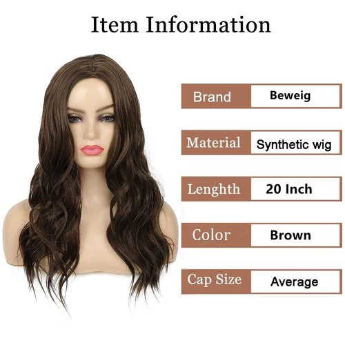Beweig Long Curly Wavy Brown Wig for Women Middle Part Hair Replacement Wigs Synthetic Heat Resistant Fibers for Daily Use,20"