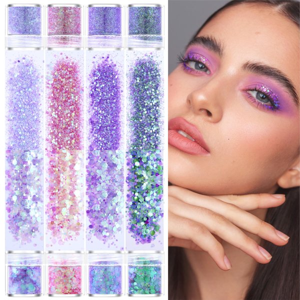 GABOX 8 Jars Mermaid Purple Cosmetic Chunky Glitter Set, Holographic Nail Resin Glitter, Fine Powder+1mm+2mm+3mm Sequins Flakes, Iridescent Art Glitter Set for Body Face Eyes Hair Crafts