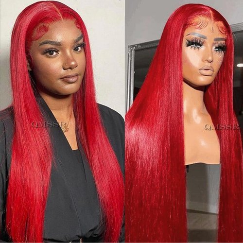 QMSSR Synthetic Lace Front Wig Red Long Straight Lace Front Wigs for Black Women Heat Resistant Fiber Hair Glueless Lace Wigs Pre Plucked Hairline