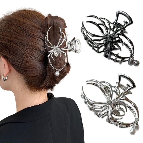 2 Pcs Spider Hair Clips Metal Claw Clips Black Silver Hollow Design Women Gothic Halloween Party Strong Hold Hair Accessories