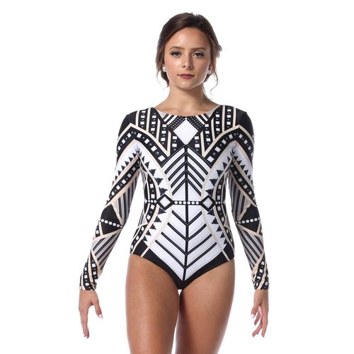 Alexandra Collection Youth Art Deco Long Sleeve Dance Costume Performance Leotard White/Gold/Black Y14