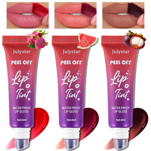 HOSAILY 3 Colors Peel Off Lip Stain Set, Fruit Flavoured Tattoo Magic Color Matte Liquid Lip Gloss, Long Lasting Waterproof Lip Tint Lip Care, Nonstick Cup Nude Lip Makeup for Women Girls