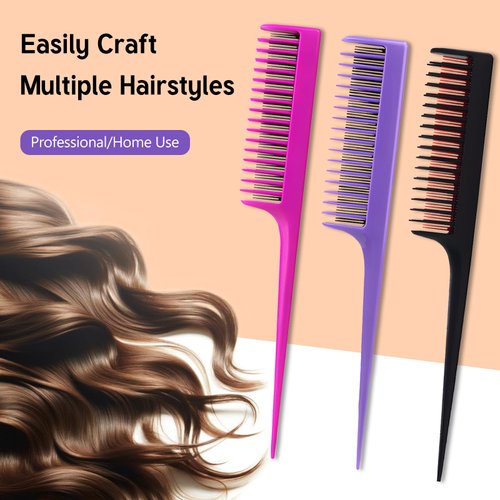 3 Pack Professional Teasing Comb, Tail Comb for Root Teasing for Thin, Add Volume Fine and Normal Hair Types, Hair Comb For Women And Men, 8.15 Inches - Black, Magenta, and Purple