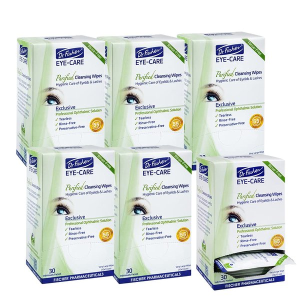 Dr. Fischer Eye Wipes - Hypoallergenic Eyelid Wipes for Everyday Eye Conditions and Gentle Makeup Remover. (6 packs of 30 wipes each)