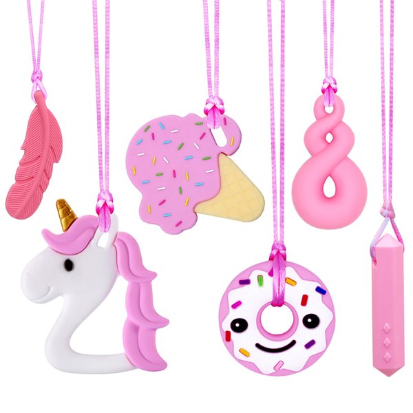 Sensory Chew Necklaces for Girls, 6 Pack Autism Teething Necklace Chew Toys Sensory for Kids with ADHD or Special Need, Silicone Chewable Necklaces Reduces Chewing Fidgeting for Children Adults Chewer