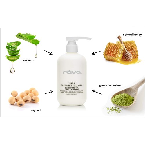 Raya Green Tea, Soy Milk, and Honey Body Cream 16 oz (S-523) | Nourishing, Calming, and Anti-Aging Body Cream | Protects and Refines Skin