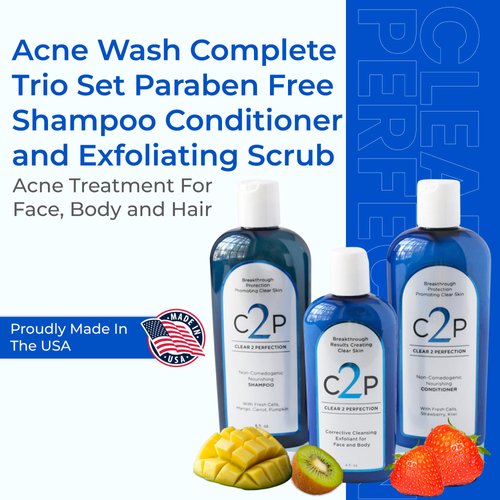 CLEAR 2 PERFECTION Non-Comedogenic Acne Treatment For Face Body and Hair, Acne Wash Complete Trio Set Paraben Free Shampoo Conditioner and Exfoliating Scrub for Natural Blemish Free Skin