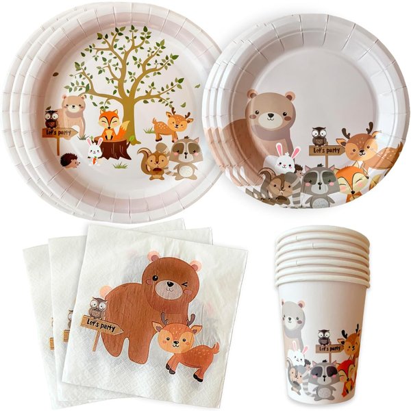 Woodland Animal Party Supplies - Birthday Forest theme Party Decorations I Forest Animal theme Baby Shower I Dinner Plates, Dessert Plates, Paper cups and Napkins I Serves 24