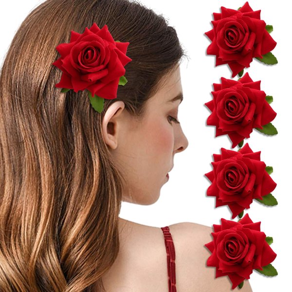4Pcs Rose Hair Clips Red Flower Hairpins Women Bridal Dancer Party Wedding Birthday Daily Vintage Barrette Hair Accessories