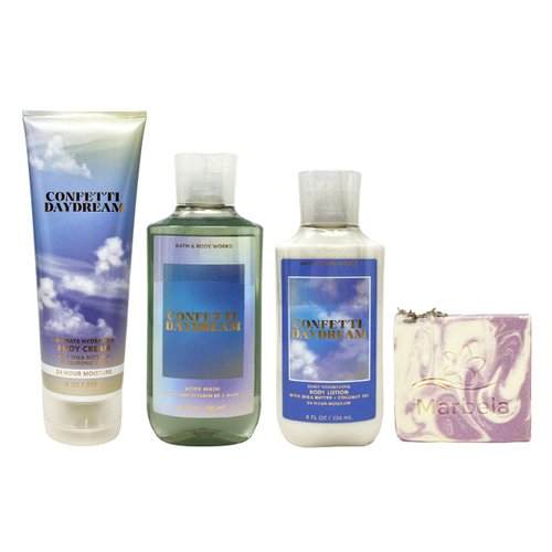 Bath & Body Works Confetti Daydream 3 Piece Bundle - Body Cream - Body Lotion and Body Wash - with a Lavender Dream Bar Soap