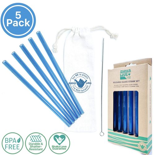SHAKA LOVE Reusable Glass Drinking Straw Set- Stylish, Durable, Shatter-Resistant - Set of 5 Colorful Blue Glass Drinking Straws, Cleaning Tool, & Travel Carry Bag (Ocean Blue, 6 inch)
