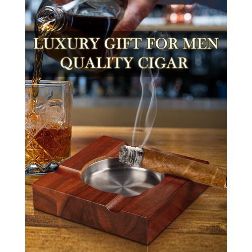 Wood Cigar Ashtray Cigar Accessories Cigarettes Ashtrays for Indoor Outdoor Patio Home Office Use, Solid 4 Slot Cigar Holder, Square Wooden Brown Cigar Ash Tray Cigar Gift Sets for Men with GIFT BOX