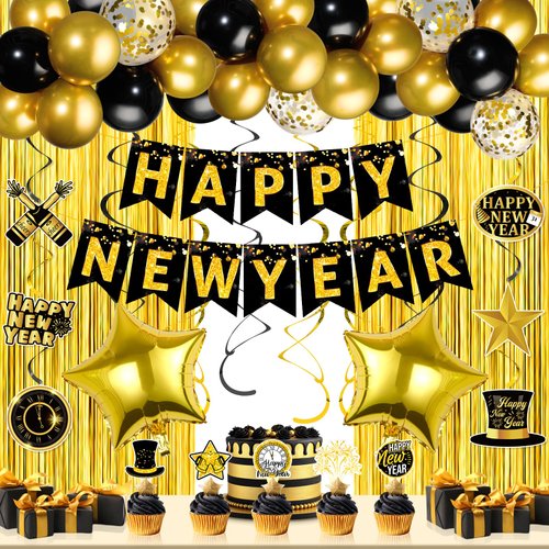 New Years Eve Party Supplies 2025 Happy New Year Banner Hanging Swirls Cupcake Toppers Black Gold New Year Balloon Arch Garland Kit Gold Fringe Curtain Backdrop for 2025 Happy New Year Decorations
