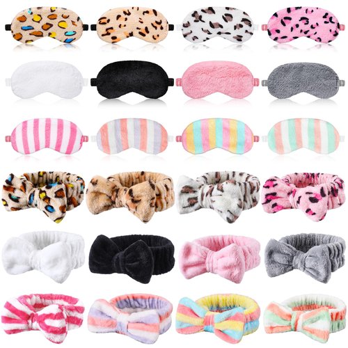 Xuhal 24 Pcs Spa Party Favors for Women Soft Makeup Headband for Washing Face Sleepover Party Supplies Sleep Eye Mask Bow Hair Bands for Sleepover Shower Gifts(Spotted, Stripes and Solid)