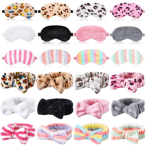 Xuhal 24 Pcs Spa Party Favors for Women Soft Makeup Headband for Washing Face Sleepover Party Supplies Sleep Eye Mask Bow Hair Bands for Sleepover Shower Gifts(Spotted, Stripes and Solid)