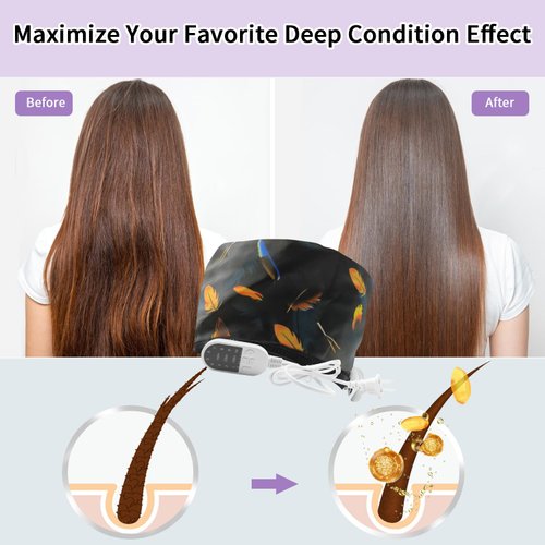 Hair Steamer Cap, Portable Hair Care Hat with 10 Mode Temperature Control, 110V Electric Heating Cap for Hair SPA Beauty Steamer Nourishing Hat Hair Thermal Treatment Cap (Black Feather)