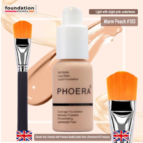 Glamza Phoera Foundation Set with Makeup Brush - Matte Cream Foundation Kit with 103 (Warm Peach) Shade & Applicator - Full Coverage Concealer - 24hr Oil Control - 30ml