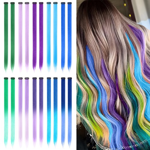 Ruizaua 20Pcs Clip In Colored Hair Extensions for Kids, Girls Hair Extensions for Kids Ages 4-8, Cosplay Dress Up Fashion Party Colored Gradient Hair Extensions for Girls Kids Women