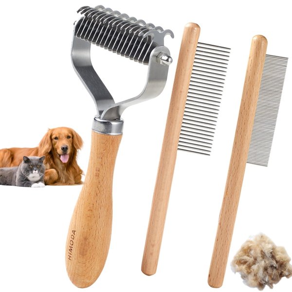 HIMODA Cat Brush for Shedding Dematting, 3 Pack Dog Brushes for Grooming, Double Sided Undercoat rake for Dogs Cats, Deshedding Brush, Pet Combs, Premium Wood Handle