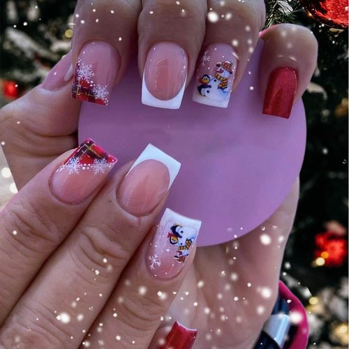 Florry Christmas Press On Nails Short Red Christmas Nails Square Cute Xmas Fake Nails Red Acrylic Press on Nails for Women and Girls 24Pcs (Style G)