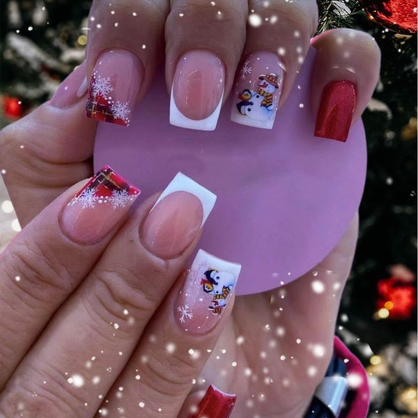 Florry Christmas Press On Nails Short Red Christmas Nails Square Cute Xmas Fake Nails Red Acrylic Press on Nails for Women and Girls 24Pcs (Style G)