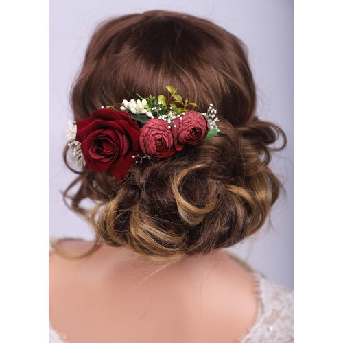 Kercisbeauty Red Rose Burgundy Hair Comb for Brides Wedding Bridal Vintage Headband Burgundy Floral Comb Festival Headpiece Women Girls Party