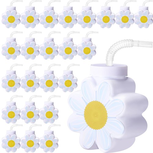 Domensi 24 Pcs Daisy Flower Cups with Lids and Straws, 10 oz Daisy Flower Plastic Cups for Daisy Birthday Party, Daisy Themed Party, Wedding Baby Shower Party Decorations Supplies