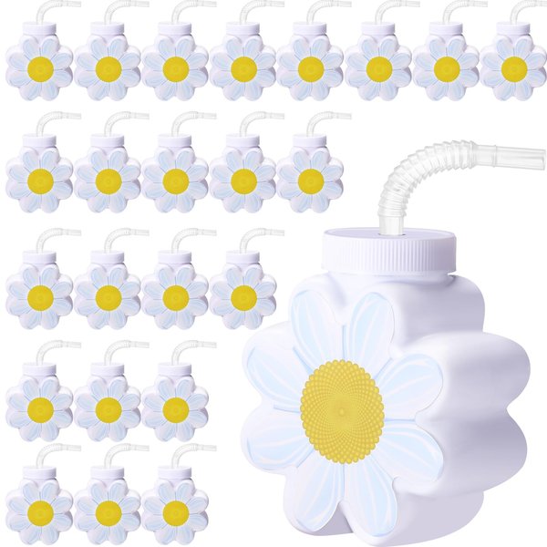 Domensi 24 Pcs Daisy Flower Cups with Lids and Straws, 10 oz Daisy Flower Plastic Cups for Daisy Birthday Party, Daisy Themed Party, Wedding Baby Shower Party Decorations Supplies