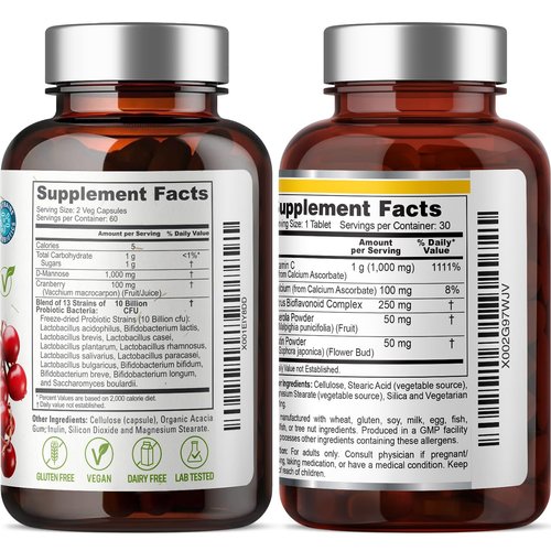 biophix D-Mannose Plus Cranberry Probiotics 1000 mg 120 Vcaps - Free Vitamin C-1000 30 Tablets - Supports Urinary Bladder Tract Health and Digestive Well Being