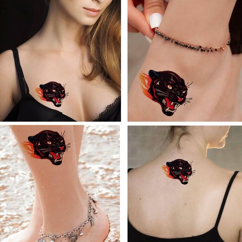 Dopetattoo 6 Sheets Fake Tattoos Set Illustration of a Black Panther with Angry Face Expression Temporary Tattoos suitable for Adult Women Men for Children Boys and Girls