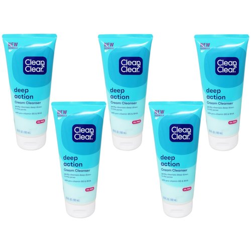 Clean & Clear Deep Action Oil-Free Cream Facial Cleanser 6.5 Oz. (Pack of 5)
