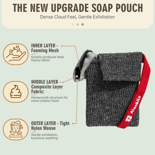 Alankilo 2 Pieces Soap Bags for Soap Bars, Exfoliating Soap Saver Bags, Foaming Bar Soap Pouches for Use in Baths or Showers(Grey)