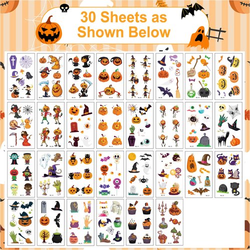 298 PCS Halloween Decorations Party Favors Temporary Tattoos for Kids，Halloween Assorted Trick or treat Halloween Fake Tattoo Stickers for Boys Girls Goody Bag Stuffers Prizes