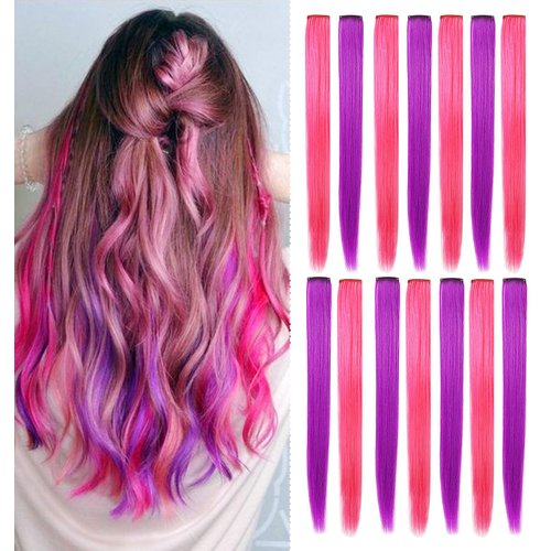 ZHIRXIN 16 Pcs Clip in Pink Purple Hair Extensions, 20 Inch Colored Hair Extensions Party Highlights Long Straight Synthetic Hairpieces for Women Kids Girls （Pink Purple）