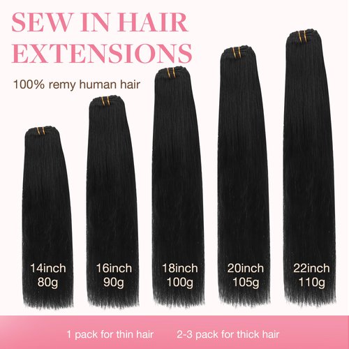 GOO GOO Sew in Hair Extensions Real Human Hair, Weft Hair Extensions Human Hair, 1 Jet black 18 Inch-100g, Weft Bundles Straight Silky Remy Hair