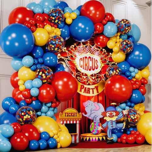 ALL-IN-1 Circus Balloons Arch Kit & Garland for Carnival Party Decorations Theme – Primary Color Balloons in Red Blue Yellow & Rainbow Confetti – Baby Shower Circus Birthday Party Supplies