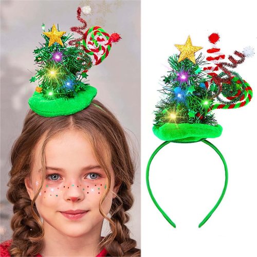 Sixexey Christmas Light Up Headband Green Glow Hair Band LED Tree Hat Headband Star Xmas Holiday Party Hair Accessories for Women